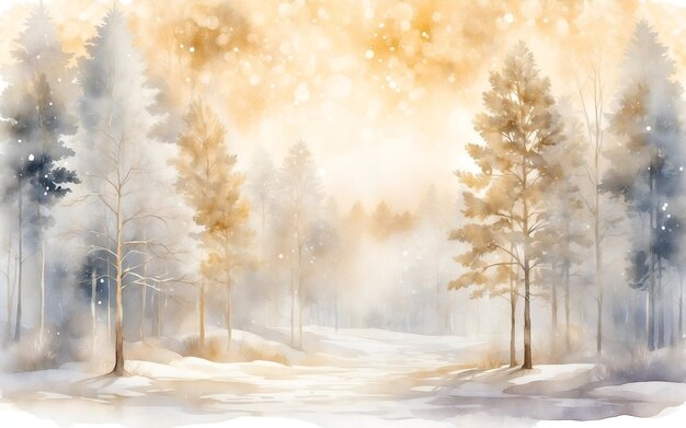 Forêt d'hiver avec illustration à l'aquarelle de couleur dorée