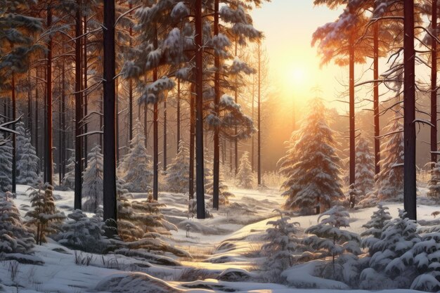 Forêt d'hiver avec la lumière du soleil à travers les pins