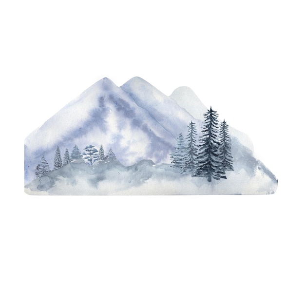 Forêt d'hiver et montagnes clipart aquarelle sur une illustration aquarelle de fond blanc