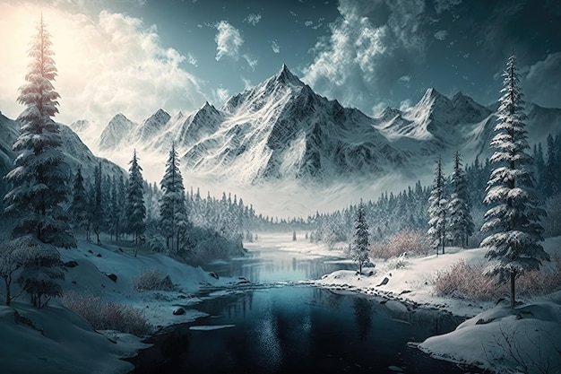 Une forêt d'hiver la nuit avec un ciel étoilé et des arbres enneigés créant un paysage magique et enchanteur Généré par AI