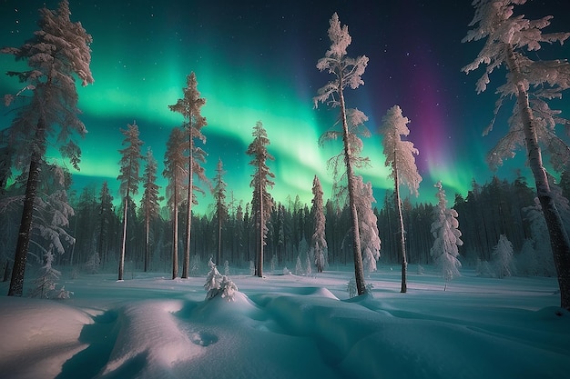 Forêt d'hiver la nuit sous les aurores boréales Finlande