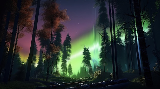 Forêt avec illustration d'art numérique aurores boréales AI générative