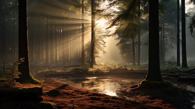 Photo une forêt avec un lac et des arbres en arrière-plan