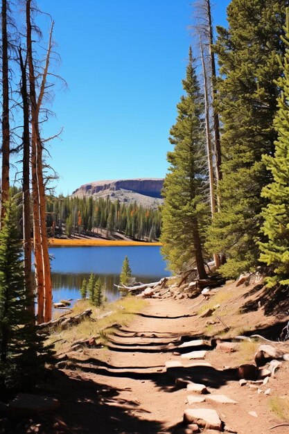 Photo une forêt avec un lac et une montagne en arrière-plan