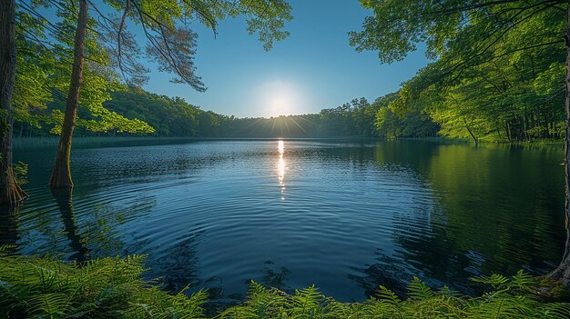 une forêt avec un lac et des rochers dans l'eau