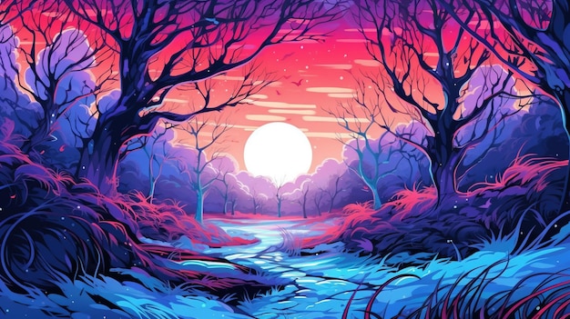 Une forêt de licorne magique avec un ciel au clair de lune Fantasy concept Illustration peinture Generative Ai