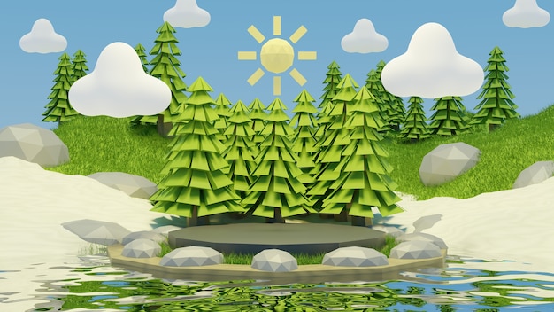 Forêt low poly sur l'eau avec soleil et nuages dans le ciel fond d'été rendu 3d