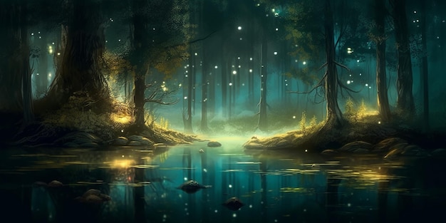 Une forêt avec des lucioles et un lac