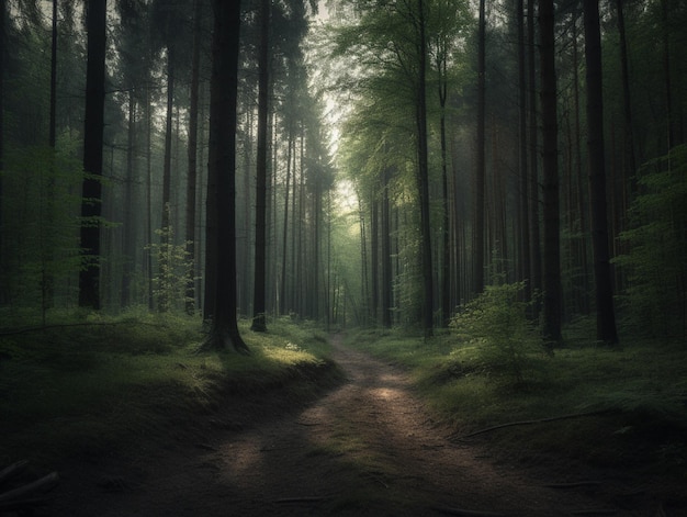 Une forêt avec une lumière au sol