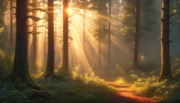 Une forêt avec la lumière du soleil qui traverse les arbres créant une atmosphère belle et sereine