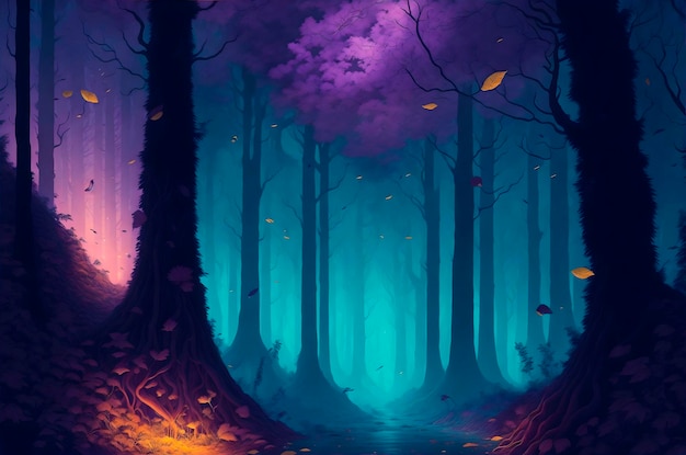 Une forêt avec une lumière violette et une feuille au milieu