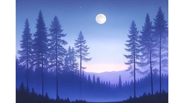 Une forêt avec une lune en arrière-plan