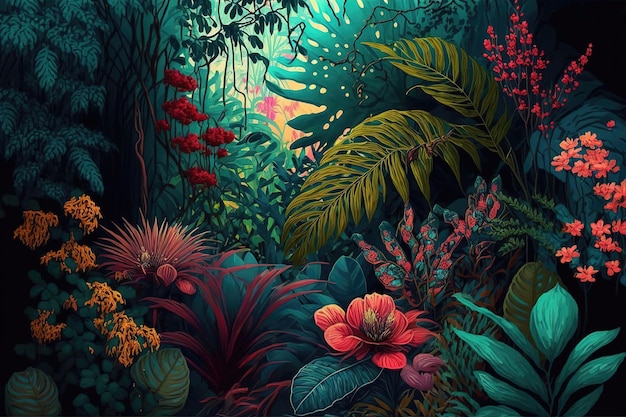 Forêt luxuriante belles fleurs maximalisme Grandes fleurs et plantes lumineuses dans la forêt tropicale rendu 3d