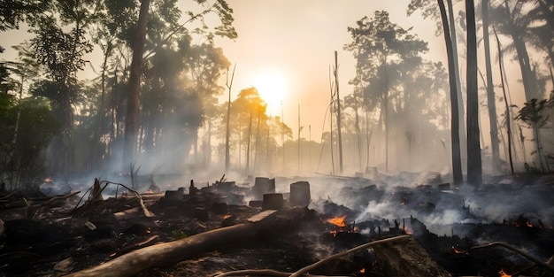 Une forêt luxuriante dévastée par la déforestation avec des souches d'arbres carbonisées et de la fumée s'élevant des cendres