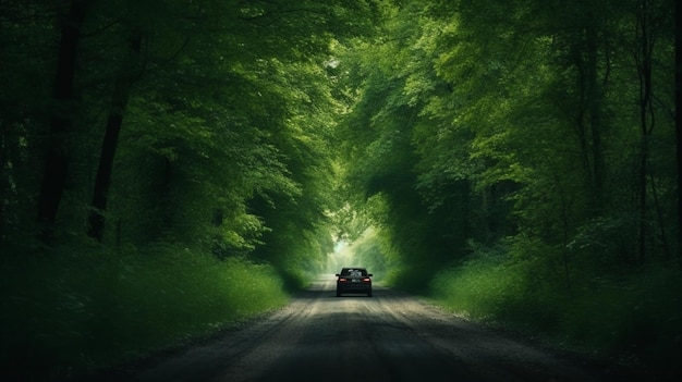 Photo une forêt luxuriante engloutit une route goudronnée avec une voiture solitaire voyageant à l'intérieur