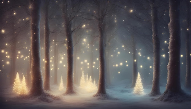 Forêt magique avec arbres de Noël et lumières rougeoyantes