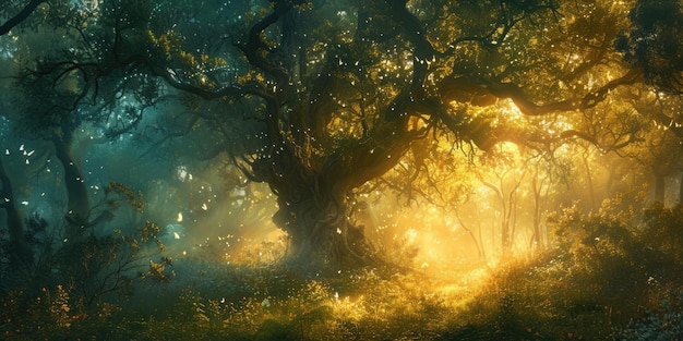 Une forêt magique au crépuscule Lumière éthérée resplendissante