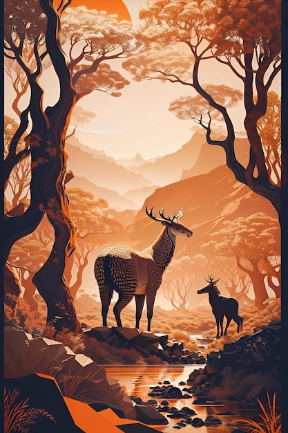 Forêt magique avec un cerf Peinture numérique Illustration artistique
