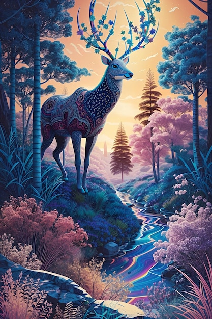 Forêt magique avec un cerf Peinture numérique Illustration artistique