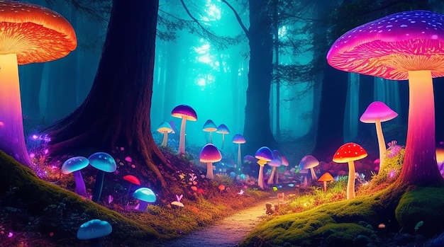 Une forêt magique avec des champignons lumineux et un arc-en-ciel de couleurs