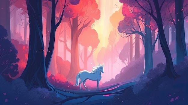 Forêt magique avec des chevaux blancs Concept fantastique Peinture d'illustration AI générative