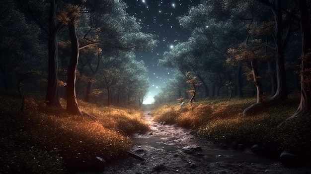 Forêt magique de conte de fées sombre la nuit avec des lumières rougeoyantes et du brouillard AI Generative
