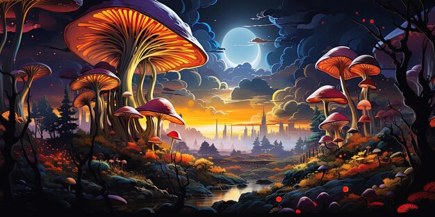 forêt magique de contes de fées avec des champignons hallucinogènes toxiques volent agarics amanita champignons la nuit sous la lune bannière de fond psychédélique