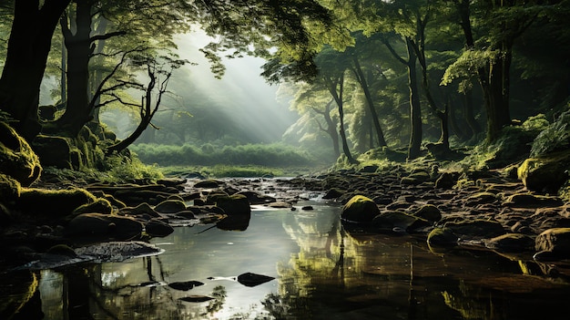 Forêt magique dans le brouillard et le ruisseau