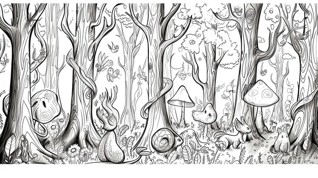 Forêt magique Doodle abstrait Contes de fées de dessins animés Fantasie champignons d'arbres nature brousse taïga épinette dégagement de bois de chauffage bord du champ bosquet animaux pin air verdure généré par AI