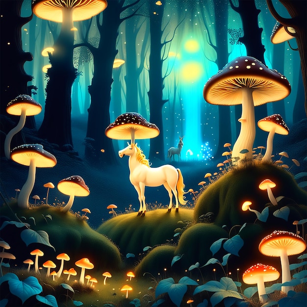 une forêt magique fantaisiste inspirée des peintures des paroisses du milieu de terrain avec un feu de champignons rougeoyant