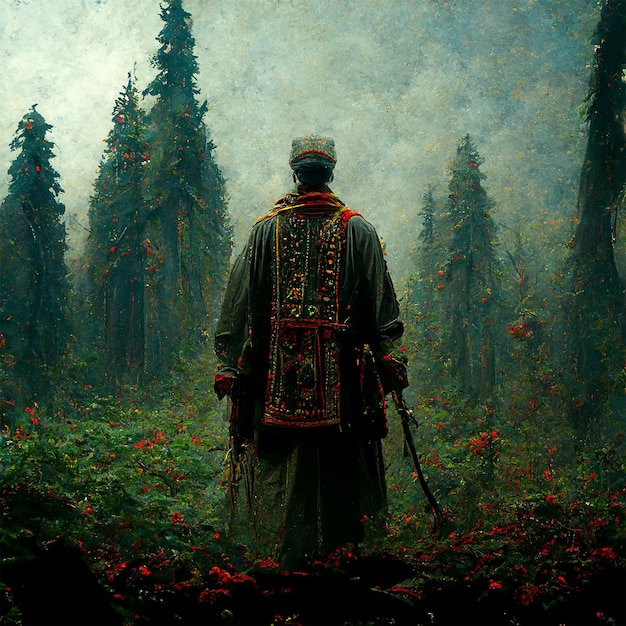 Photo forêt magique de l'homme ukrainien folk illuminent les branches des arbres forêt d'été magique illustratio