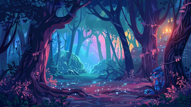 Une forêt magique avec des lumières brillantes et de hauts arbres