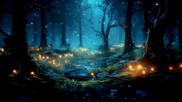 Forêt magique mystique la nuit avec des lumières brillantes