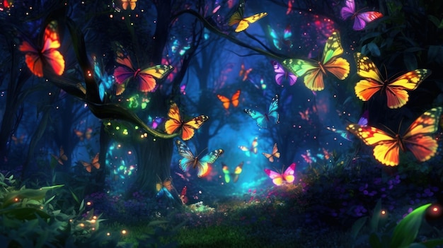 Forêt magique avec des papillons colorés forêt avec des papillons aux couleurs vives Generative AI