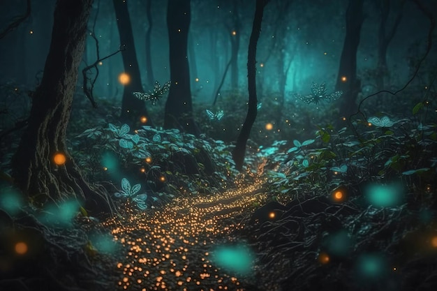 Forêt magique avec des poussières incandescentes