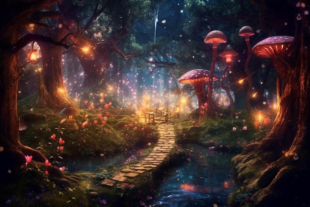 Forêt magique sombre de contes de fées la nuit avec des lumières brillantes et des champignons paysage fantastique