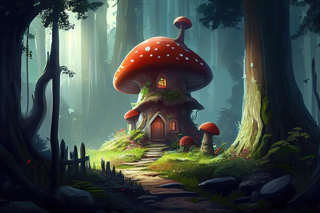 Une forêt avec une maison aux champignons Generative Ai