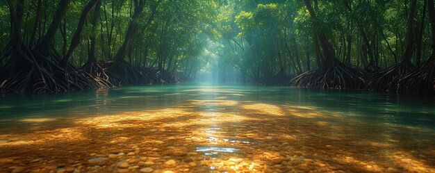 Une forêt de mangroves dense avec des eaux claires en arrière-plan