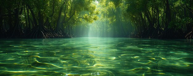Une forêt de mangroves dense avec des eaux claires en arrière-plan