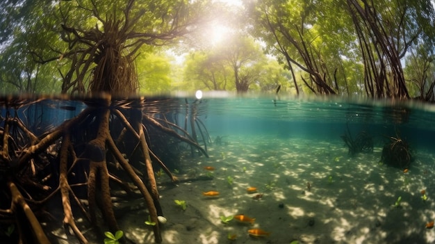 Photo forêt de mangroves photographie sous-marine d'une forêt de mangroves avec des arbres inondés et une écologie sous-mareine