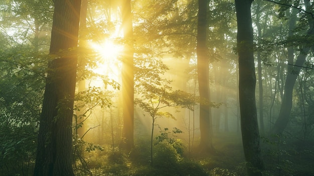 Forêt le matin dans un brouillard au soleil arbres dans une brume de lumière brouillards génératifs Ai