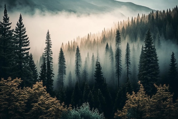 Une forêt avec une montagne en arrière-plan