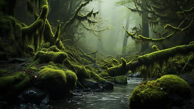 Forêt de mousse avec des arbres abattus au fond d'une forêt mystique
