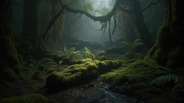 Une forêt avec de la mousse et des arbres