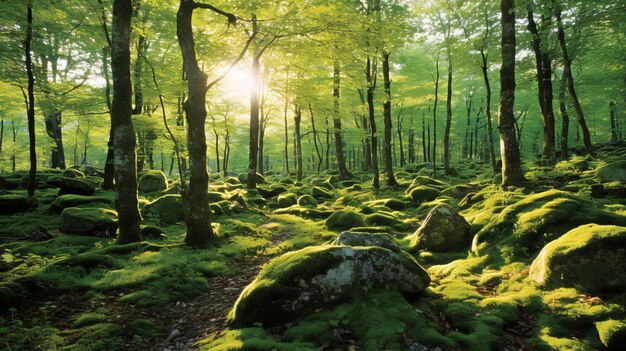 une forêt de mousse couverte de rochers et d'arbres avec le soleil qui brille à travers eux