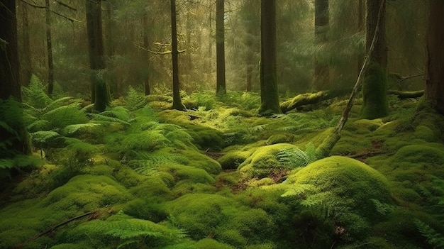 Une forêt avec de la mousse verte et un arbre