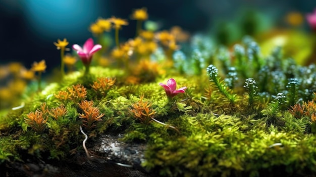 Une forêt moussue avec des fleurs dessus