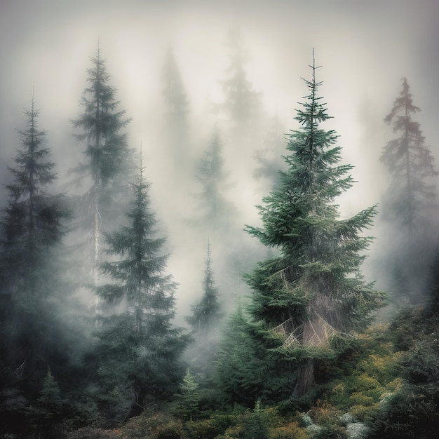 forêt mystérieuse avec brouillard aux couleurs dramatiques