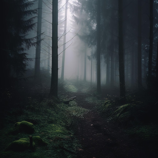 forêt mystérieuse avec brouillard aux couleurs dramatiques