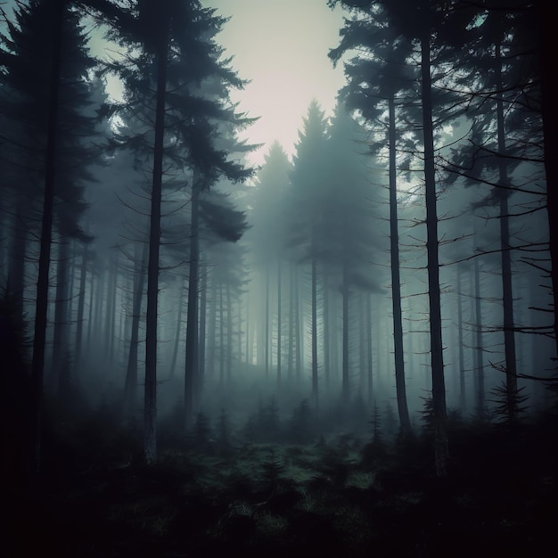 forêt mystérieuse avec brouillard aux couleurs dramatiques